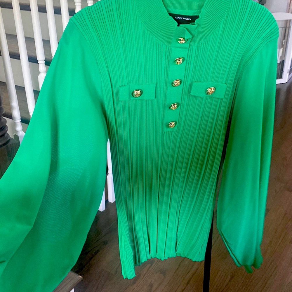 Karen Millen green military inspired ribbed sweater with sheer sleeves, size L